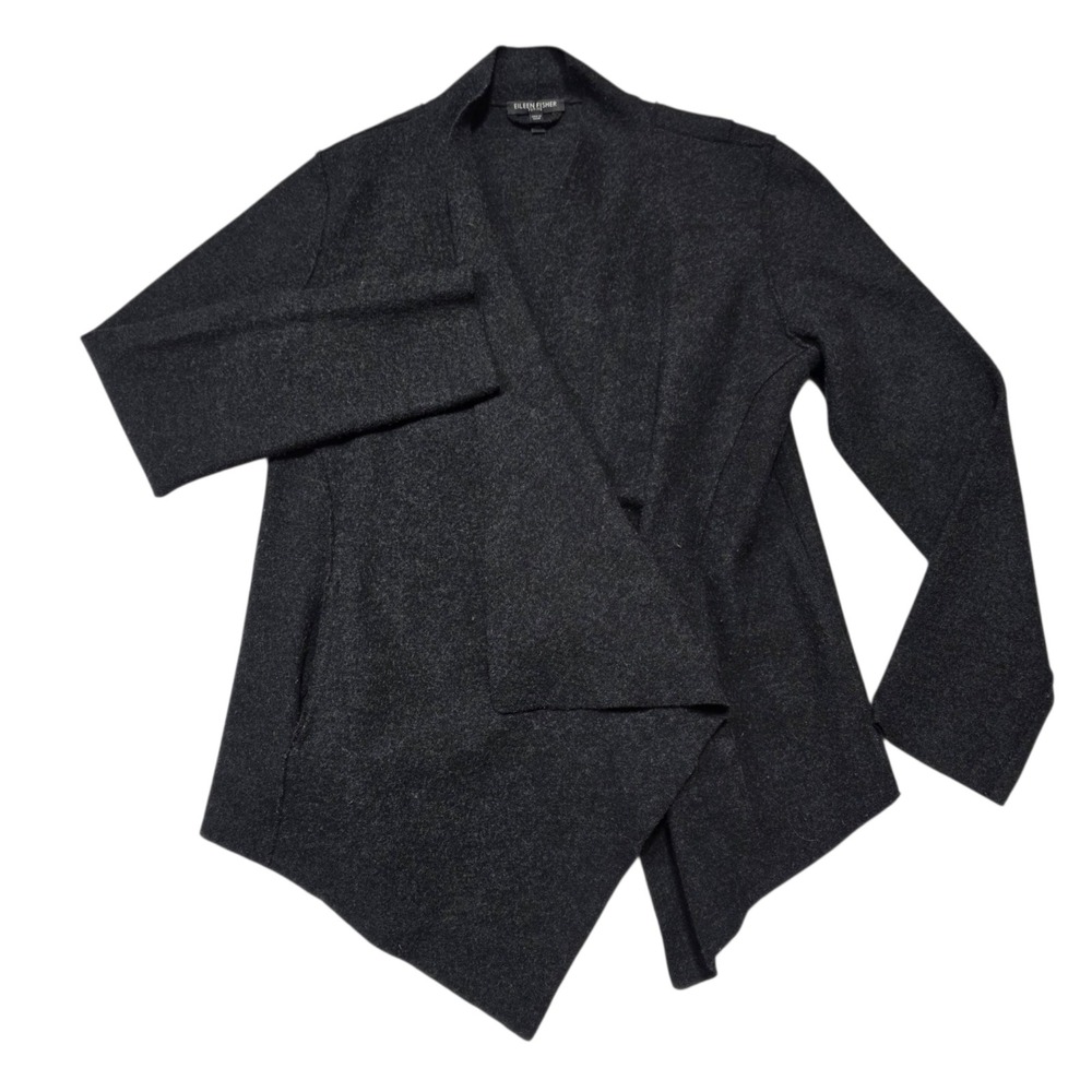 Eileen Fisher Cardigan Women PM Charcoal‎ Gray Merino Wool Open Front Drape